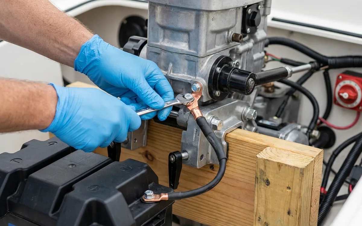 Gloved hands tighten the battery negative cable at the outboard engine ground.