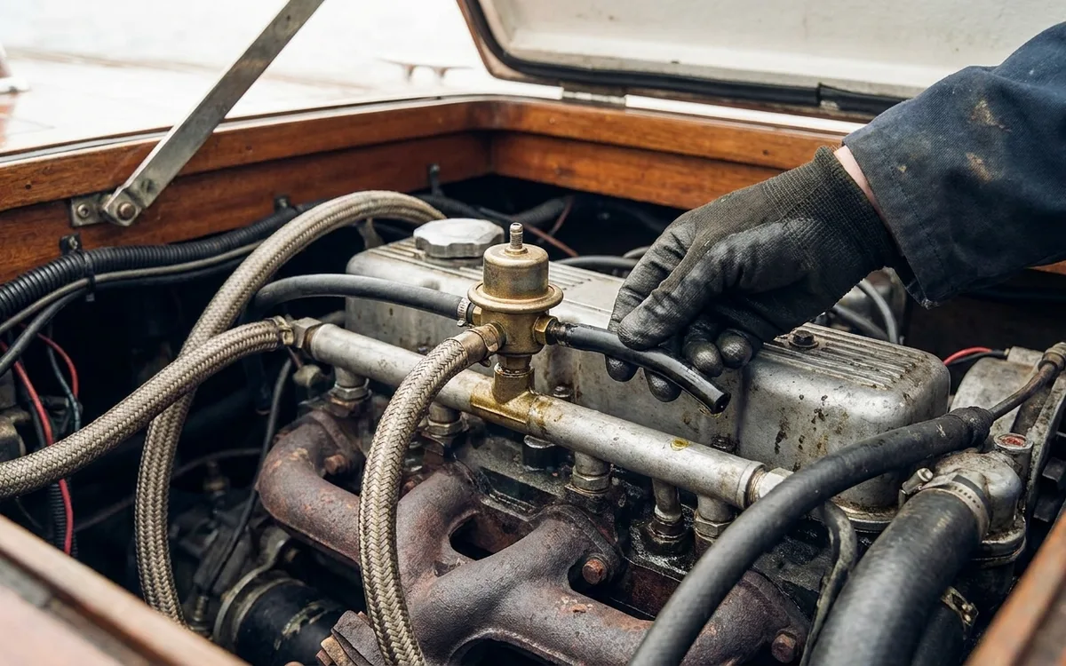 A gloved hand checks a fuel regulator vacuum hose inside an inboard boat engine compartment.