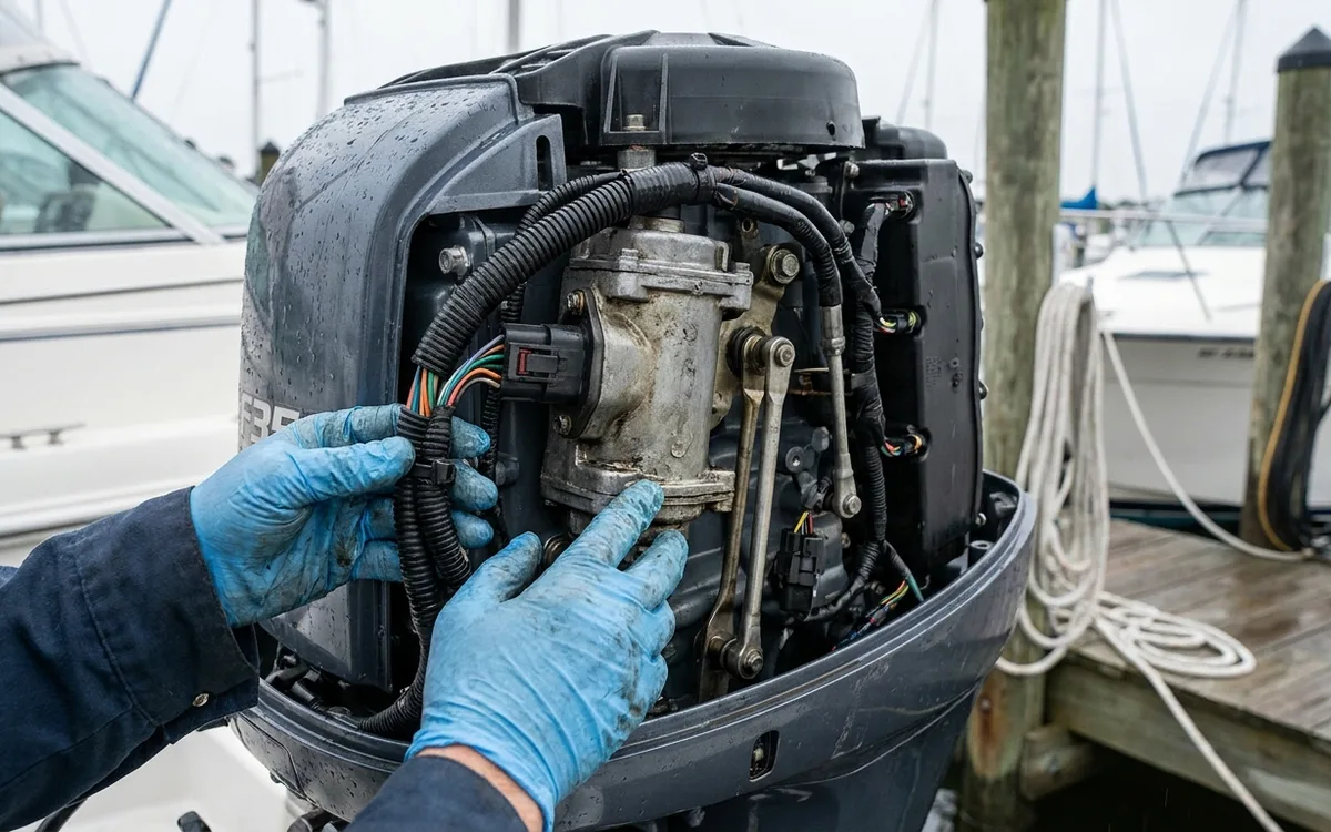 Gloved hands inspect the outboard shift actuator, wiring connector, and shift linkage.