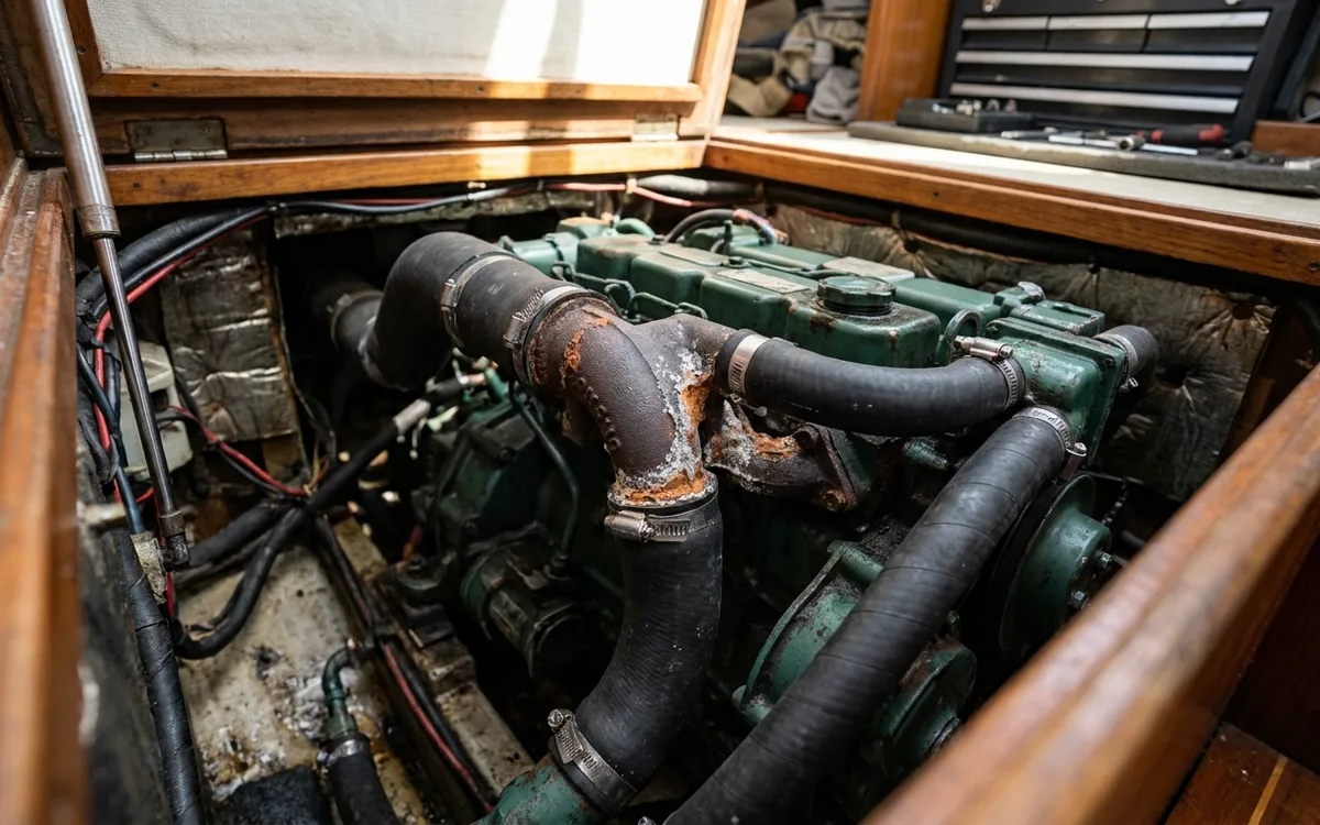 Close view of a marine diesel’s corroded exhaust mixing elbow and connected seawater hose.