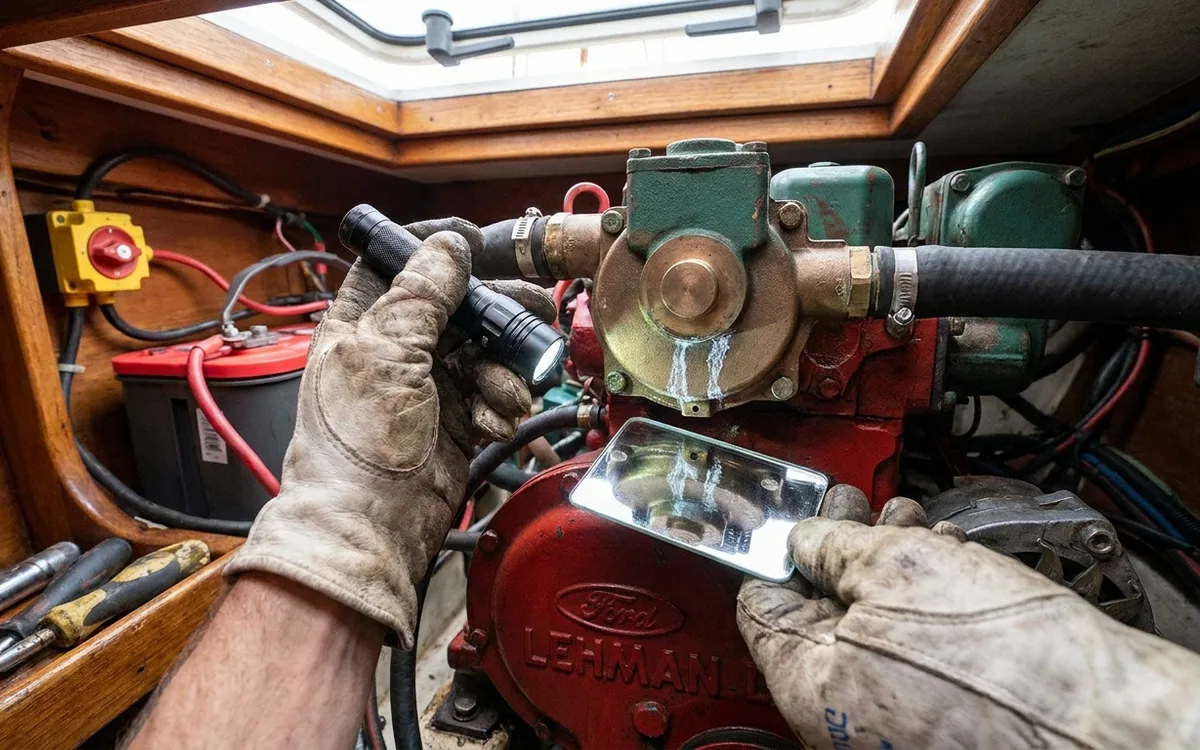 Gloved hands inspect the raw-water pump weep hole on a Ford Lehman diesel.