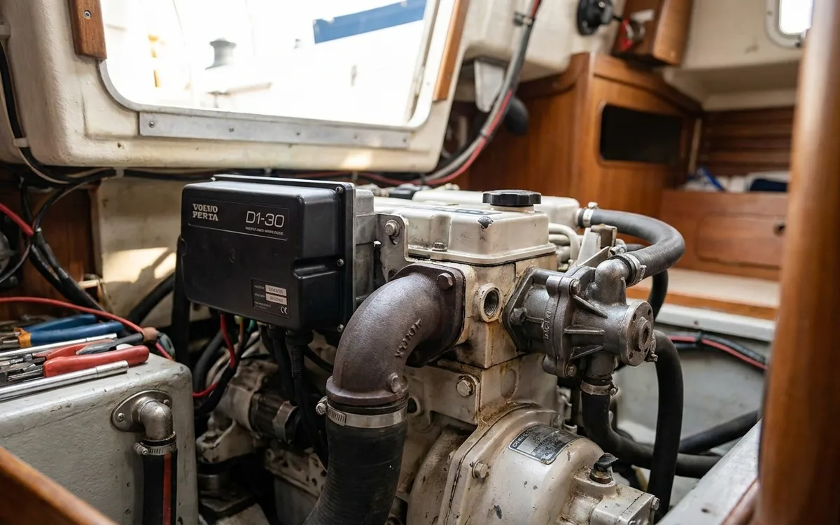 Volvo Penta D1-30 in a sailboat engine bay, showing the MDI box, exhaust elbow, and raw-water pump.
