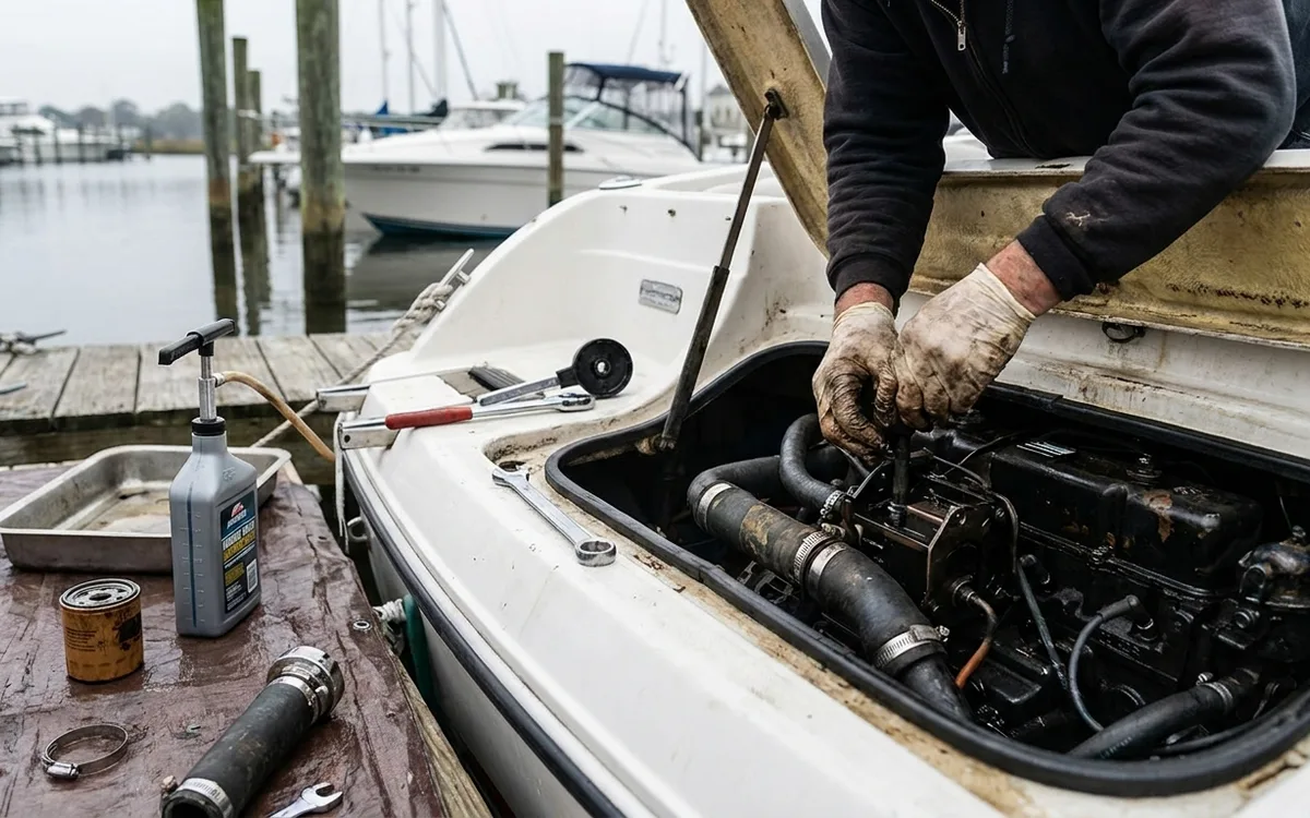 Hands servicing the engine bay and sterndrive of a Four Winns 230 at a marina.