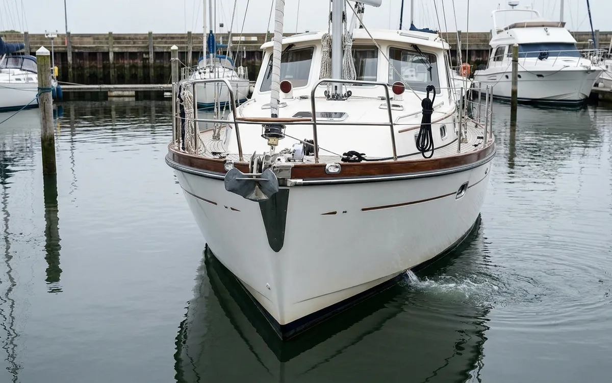 A 38-foot cruiser’s bow maneuvering through calm marina water, with ripples hinting at a bow thruster.
