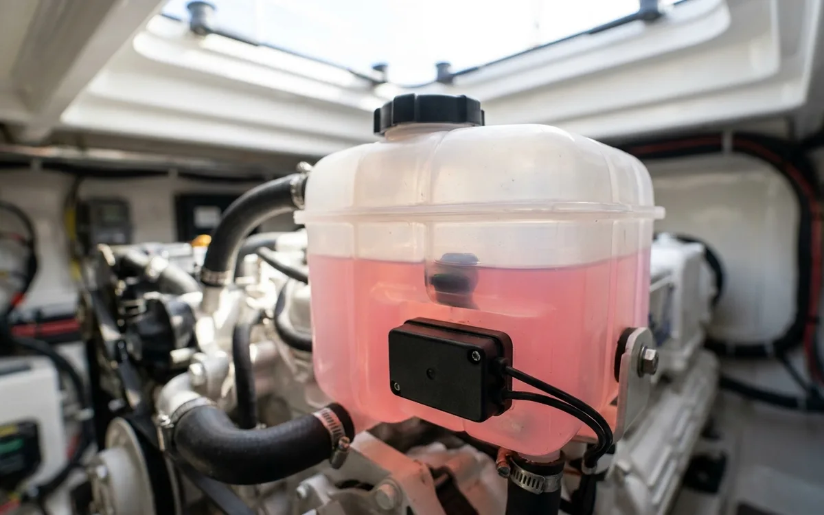 Coolant expansion tank and level sensor in a boat engine compartment