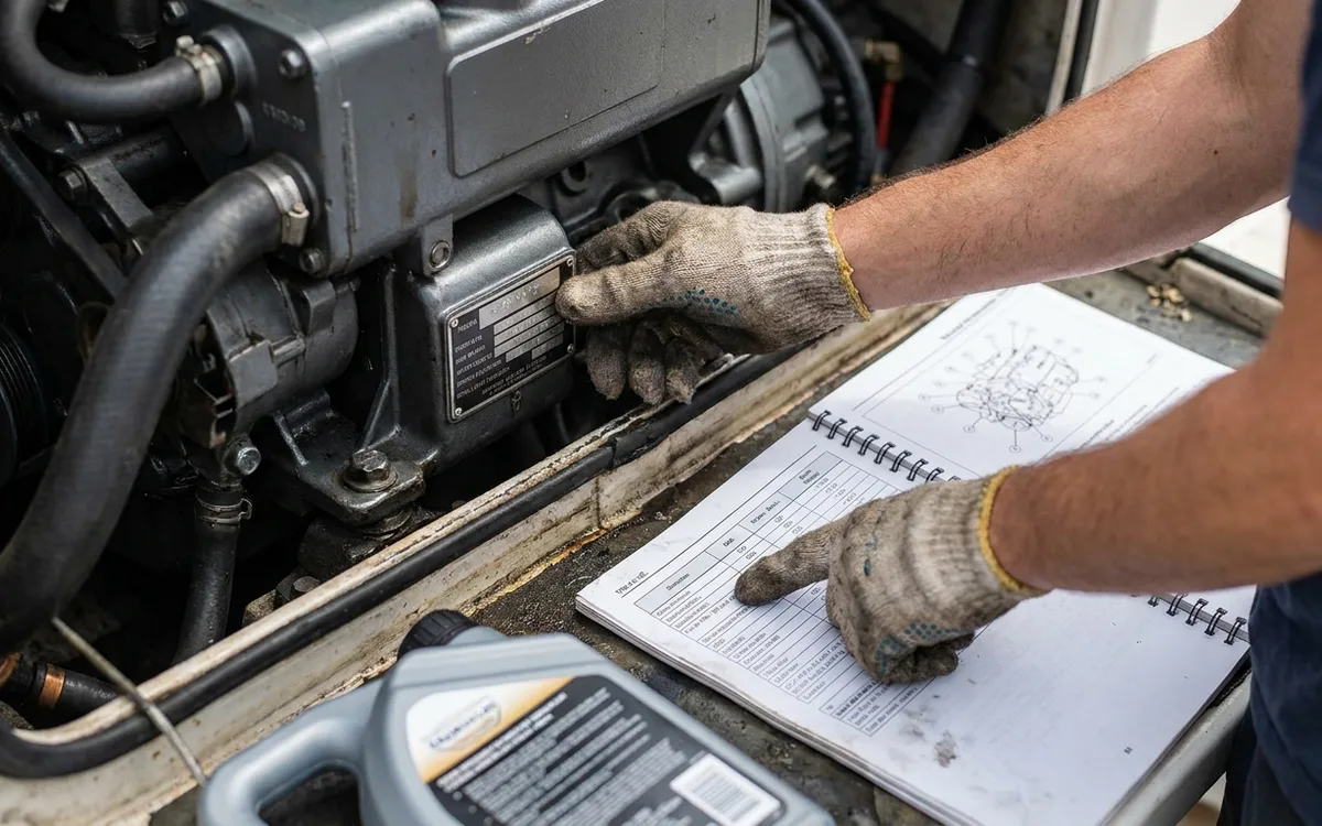 Gloved hands match an engine’s ID plate to its manual’s oil viscosity and quality specifications.