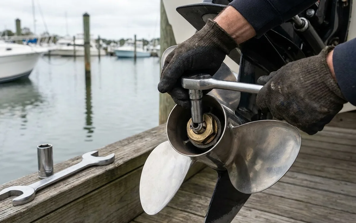 A mechanic works on the large inner nut of a twin-propeller Bravo Three outdrive.