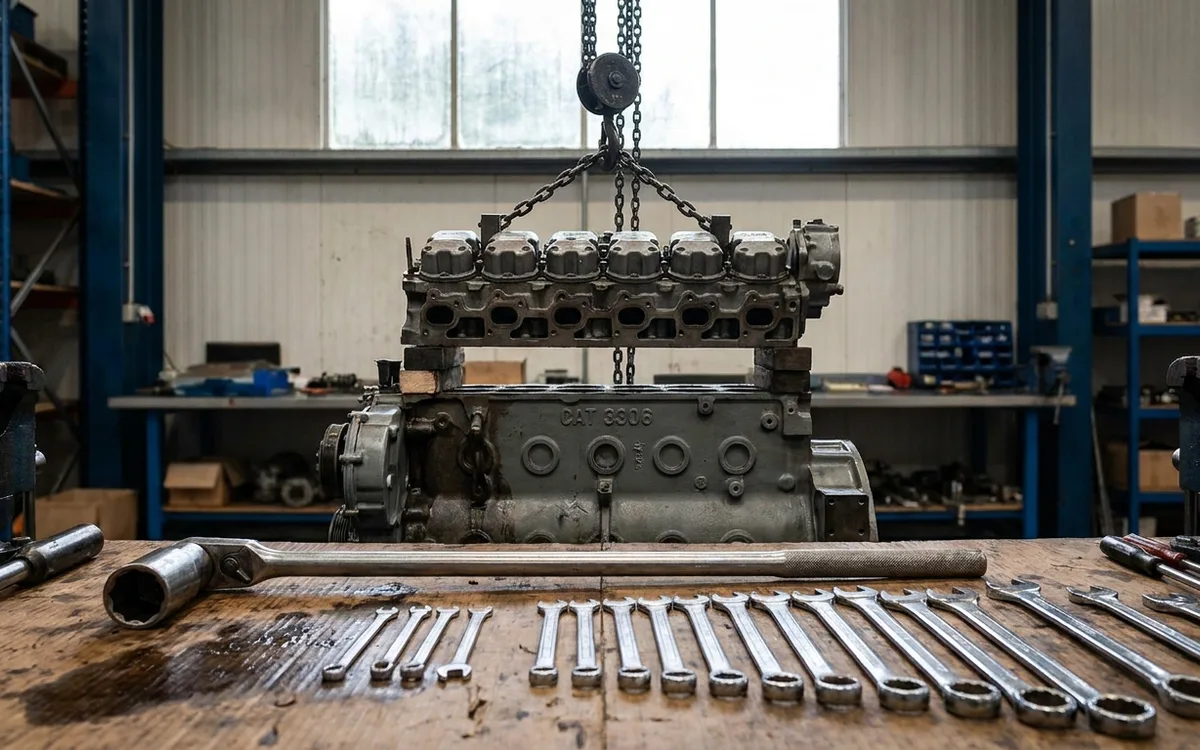 A chain hoist lifts a diesel cylinder head above the engine beside heavy-duty sockets and Imperial spanners.
