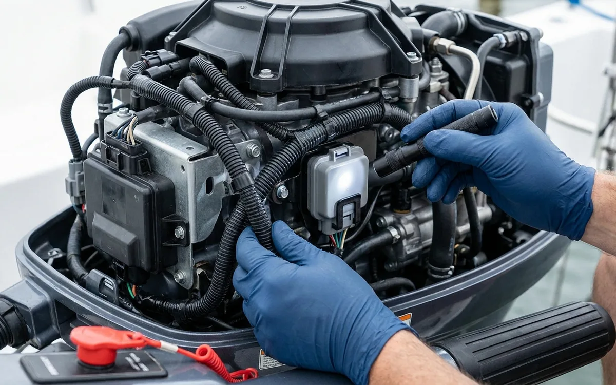 Hands use a torch to inspect the capped service connector clipped to the XF425 engine harness near the ECU.