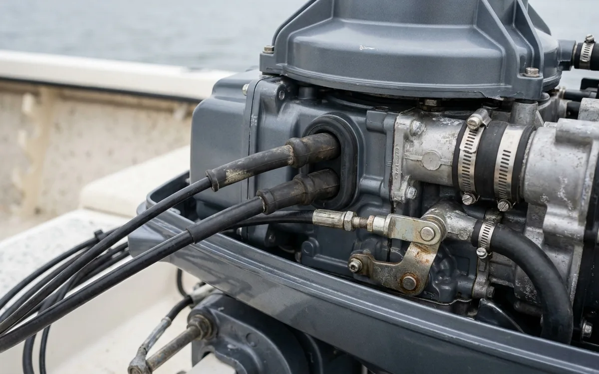 Lower shift cable connected to the pivot arm on the starboard side of an outboard powerhead