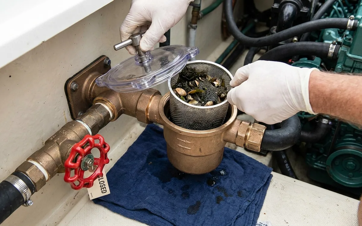 Hands remove the raw-water strainer basket with the seawater seacock closed.