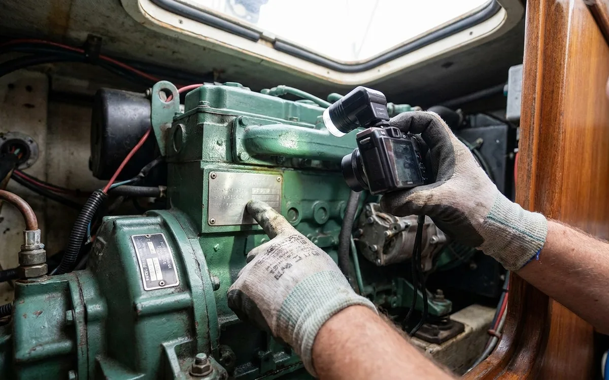 Hands photograph the cold engine’s identification plate and distinguish it from the nearby gearbox tag.