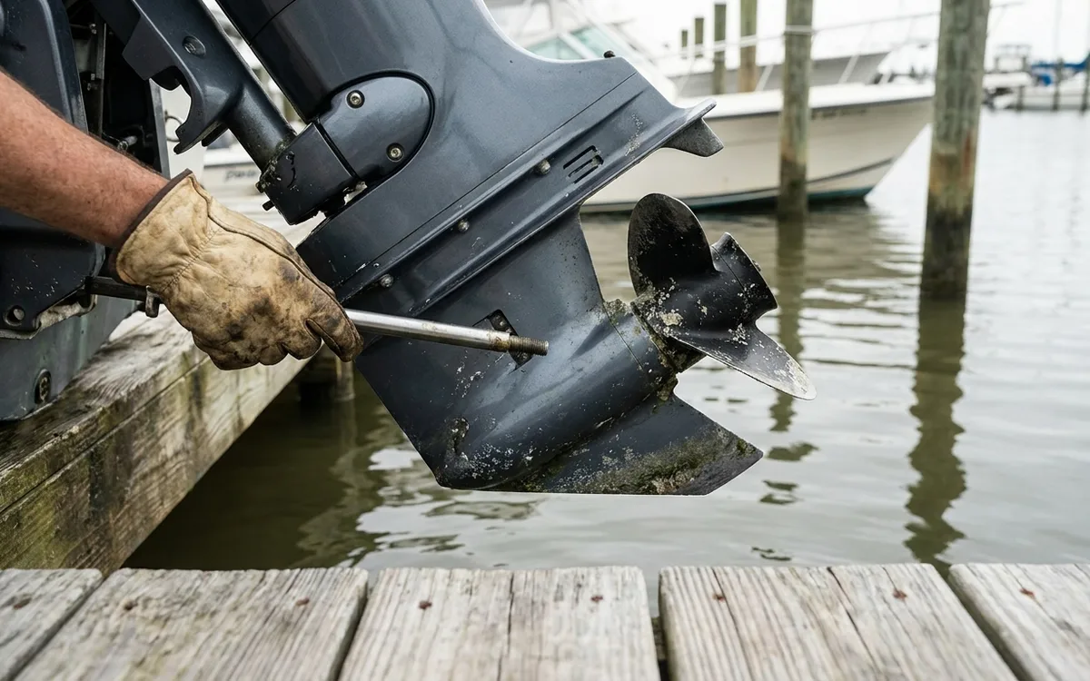 Close view of an outboard propeller and shaft being checked for binding.
