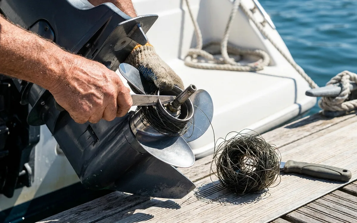 Hands isolate the battery and cut fishing line from a stationary propeller shaft.