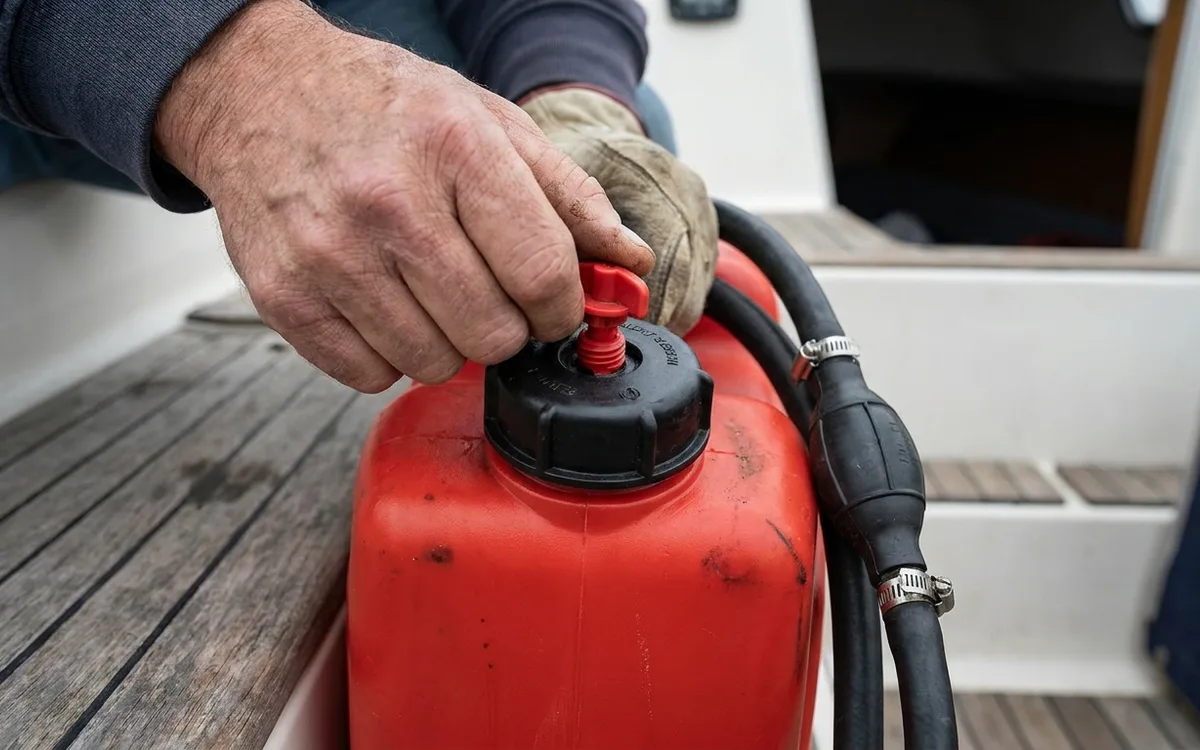 Hands fully open the manual vent screw on a portable outboard fuel tank.