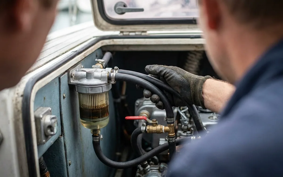 A clear-bowl diesel separator shows dark sludge and water beneath the filter element.