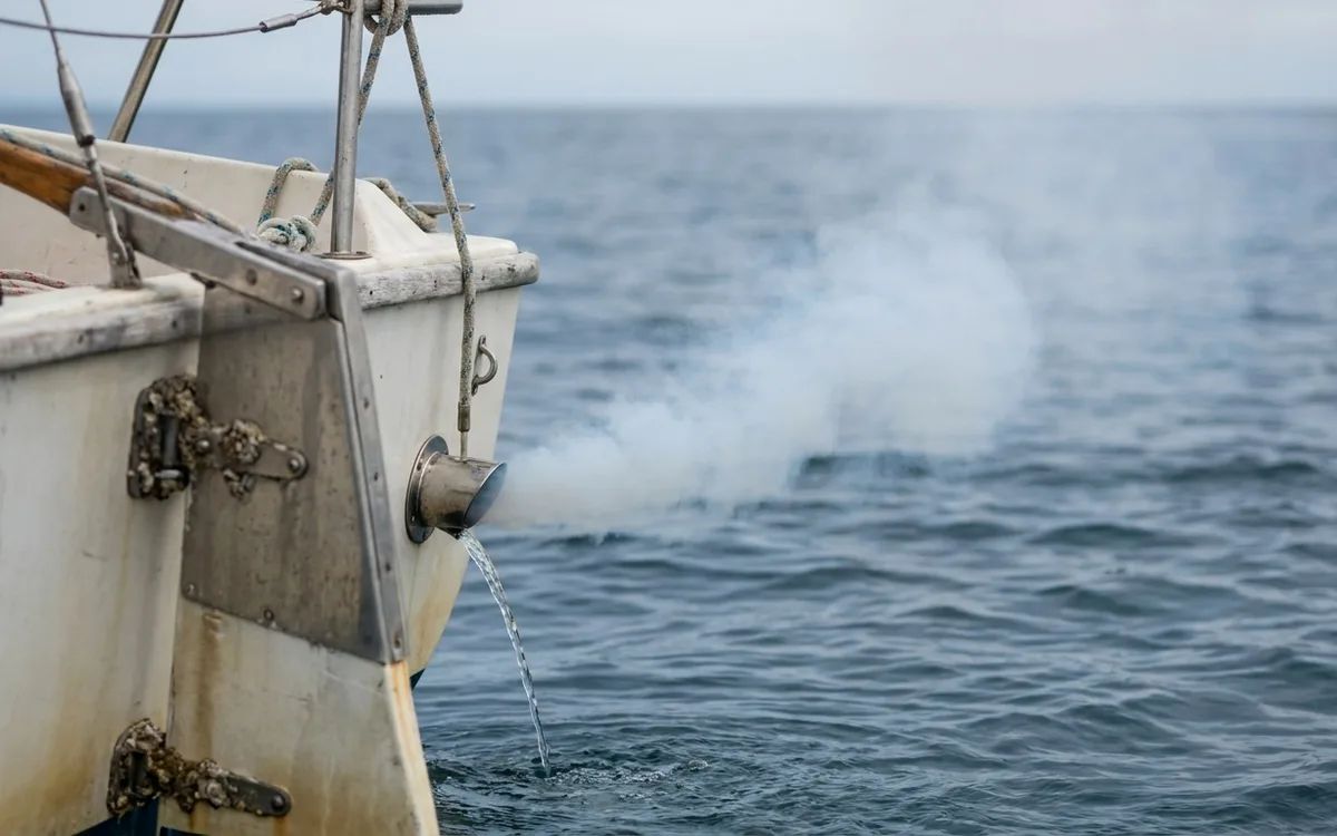 A sailboat’s transom exhaust releases a pale plume that quickly dissipates above the water.
