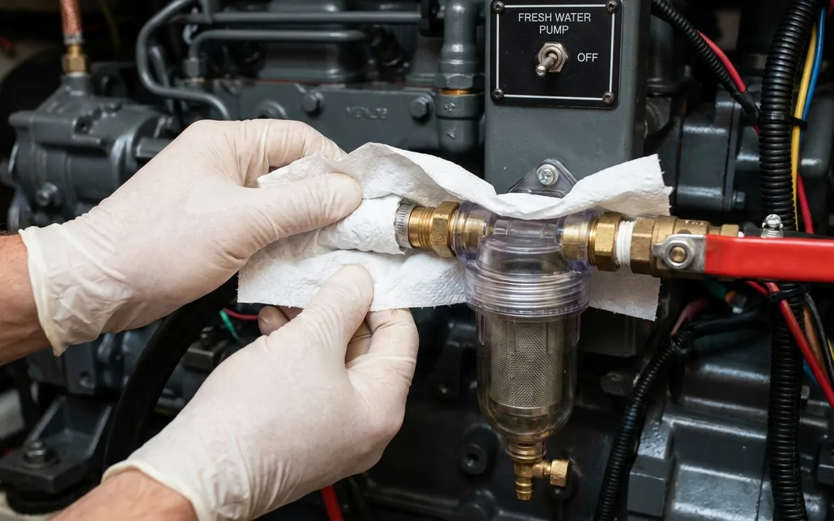 Hands press kitchen paper around a freshwater pump strainer and hose joints to check for leaks.