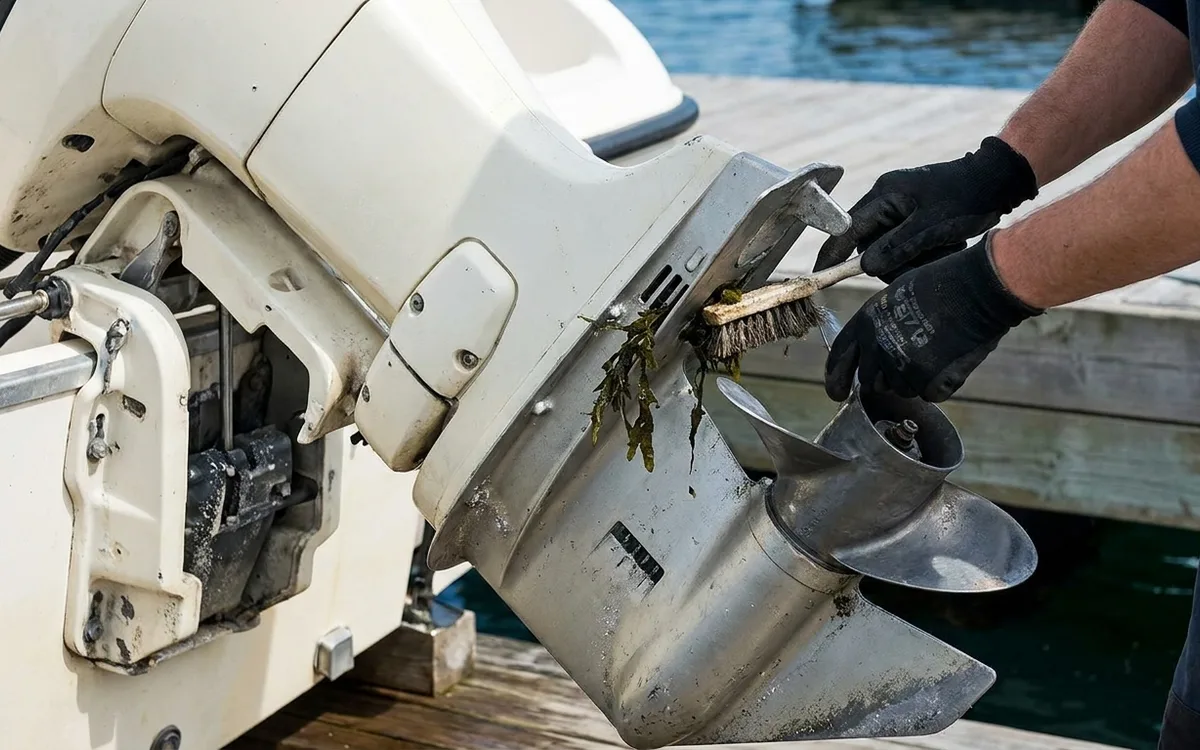 Hands clear weed from the outboard’s gearcase water-intake slots with the engine off.