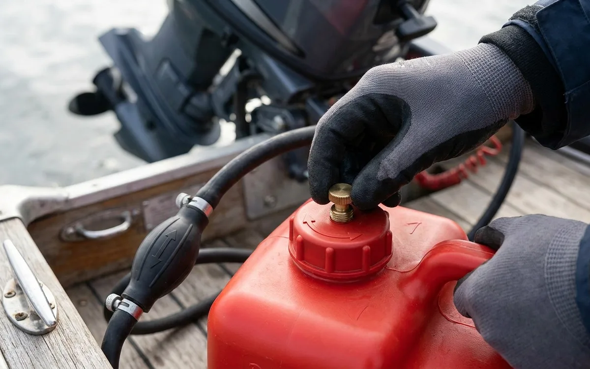 Hands open the portable tank’s vent screw with the outboard switched off.