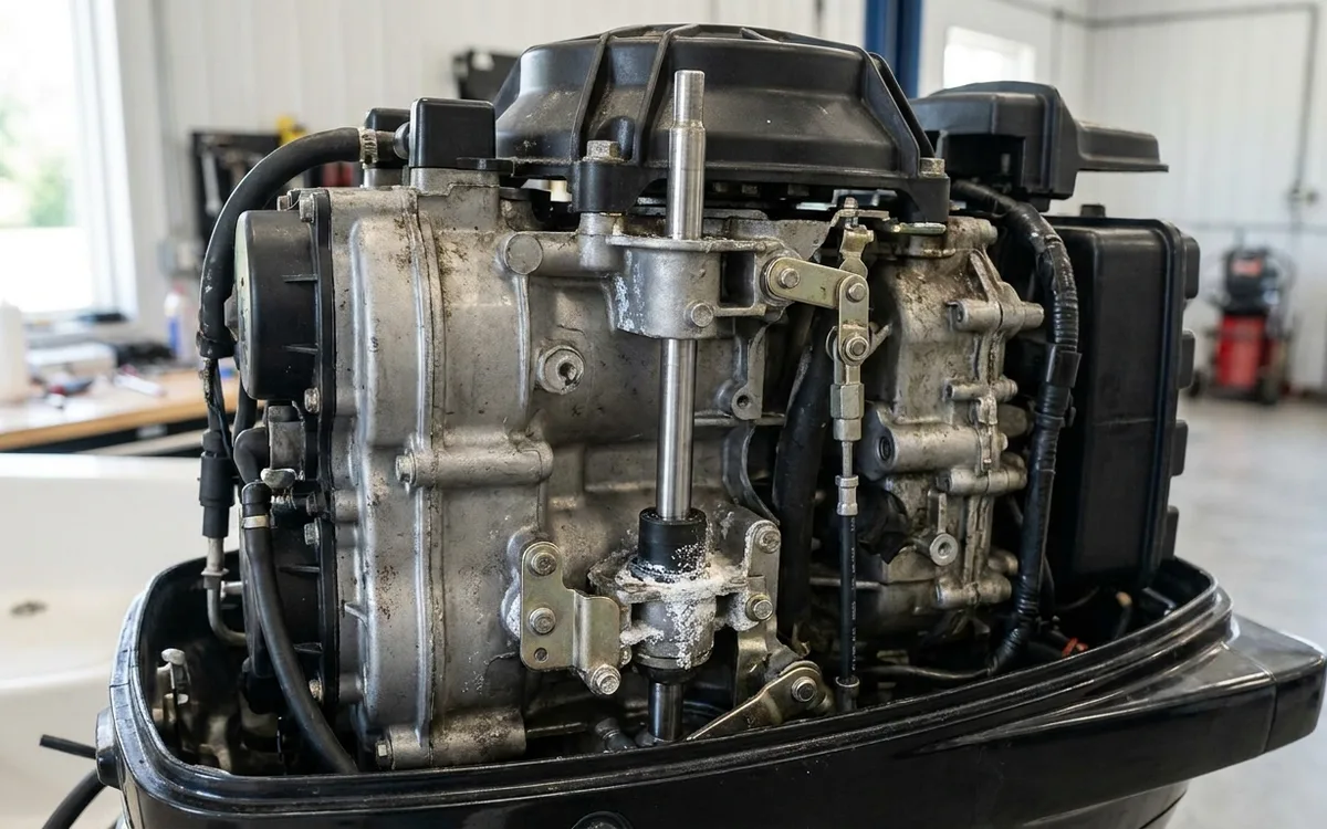 Port-side view of a DF175 shift linkage and neutral switch near the lower powerhead.