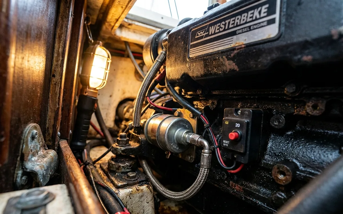 A cylindrical electric fuel lift pump and wiring beside a marine diesel engine.