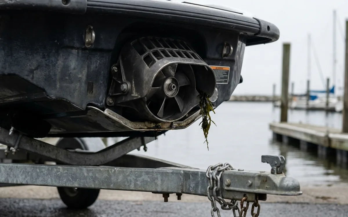 Seaweed caught near the jet pump intake grate of a Yamaha personal watercraft on a trailer.