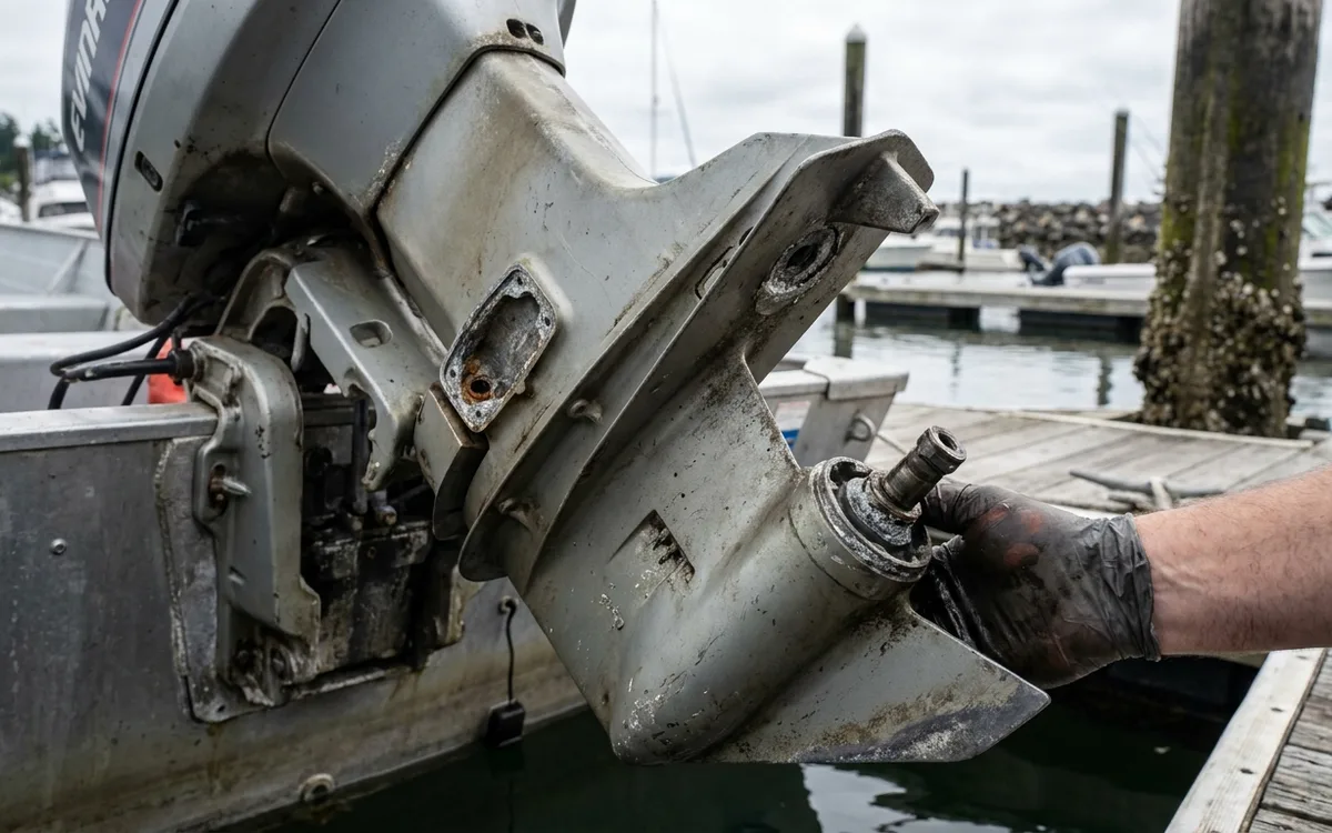 Partially lowered outboard gearcase showing the trim-tab bolt cavity and corroded driveshaft connection.