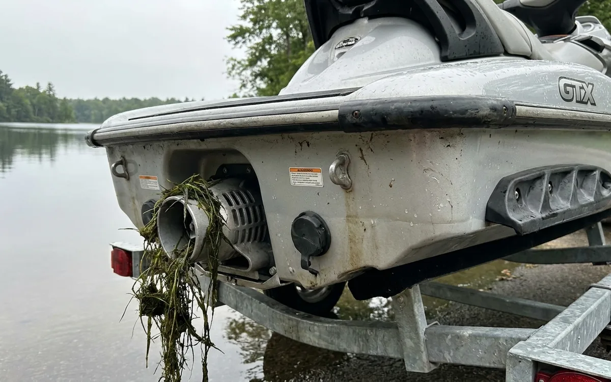 Lake weeds caught in the Sea-Doo GTX jet pump intake grate