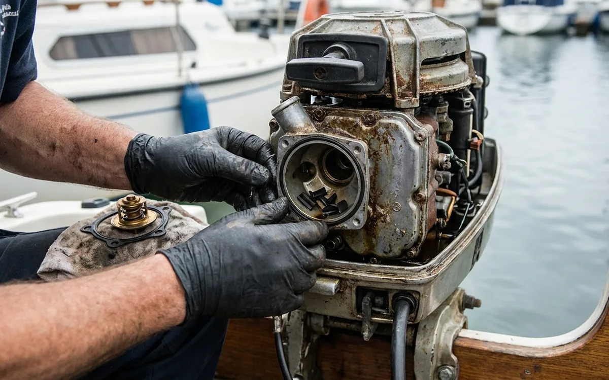 Hands inspect impeller debris and an open cooling passage on an older outboard engine.