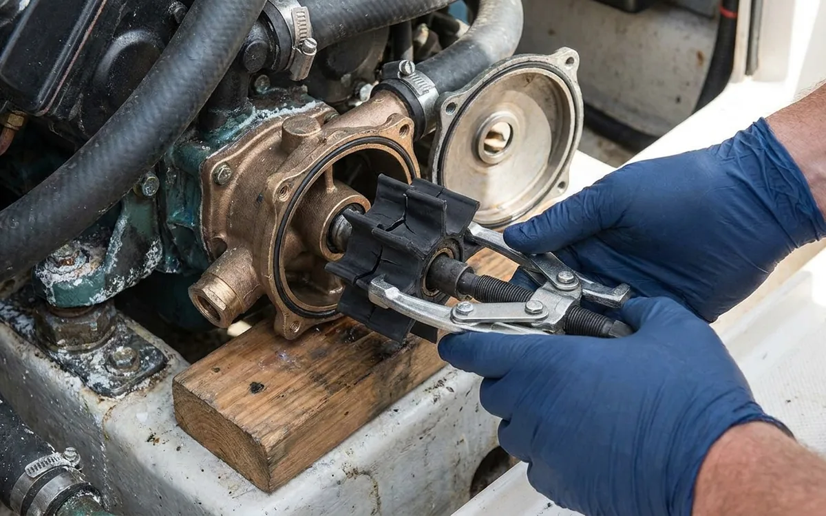 Gloved hands use an impeller puller to remove a damaged raw-water pump impeller from its housing.