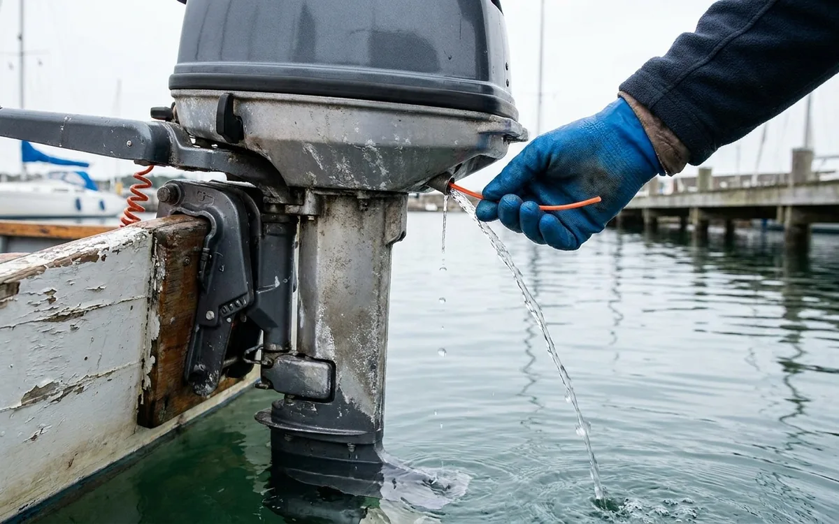 A hand clears an outboard motor’s tell-tale outlet with trimmer line as cooling water runs.
