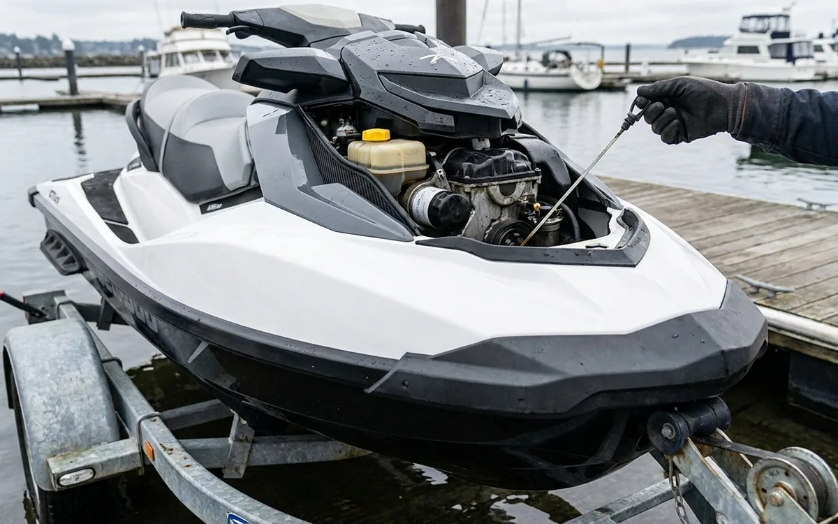 Gloved hand checks the oil dipstick on a Sea-Doo GTX 215 with its engine hatch open.