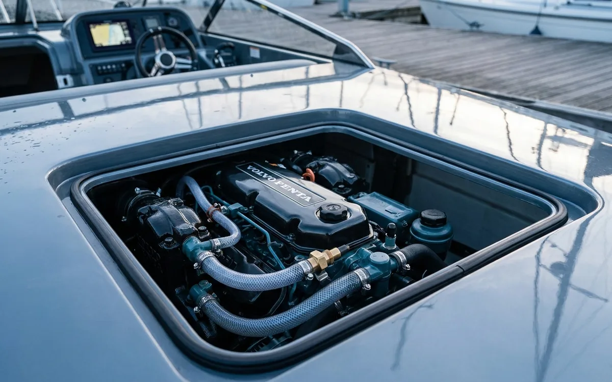 Open engine hatch revealing an inboard engine, raw-water hoses, and pressure sensor at a marina.