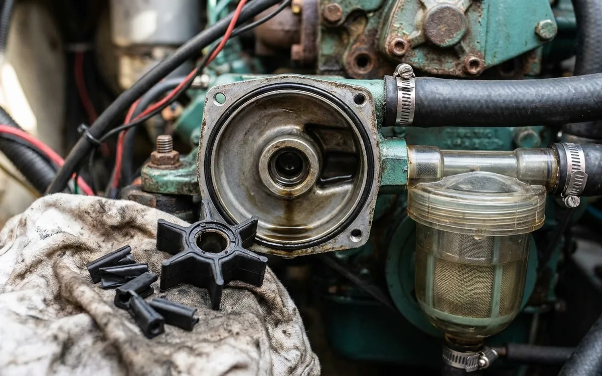 Worn raw-water impeller and detached vanes beside a marine diesel engine pump