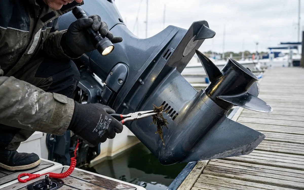 A boater uses pliers to remove weed from the outboard’s lower-unit water-intake grilles with the engine off.