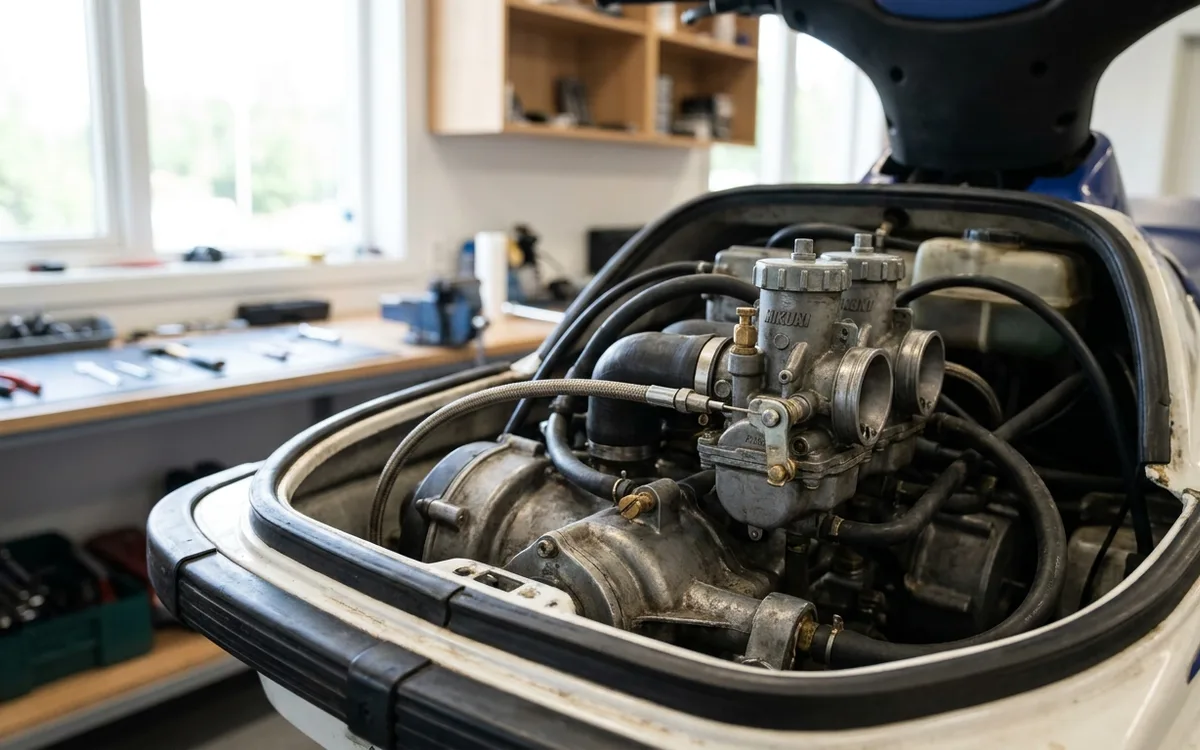 Close-up of the XL800 carburettors and throttle linkage during an idle check.
