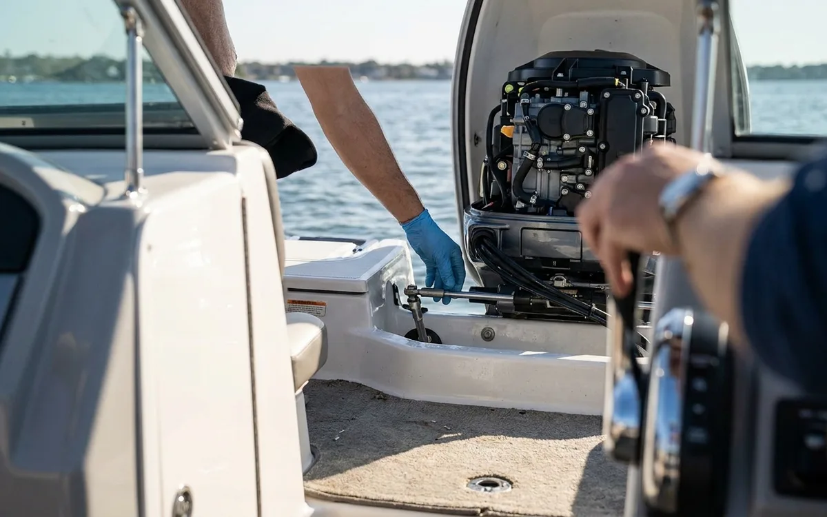 Hands checking the stern shift linkage while another hand operates the helm control.