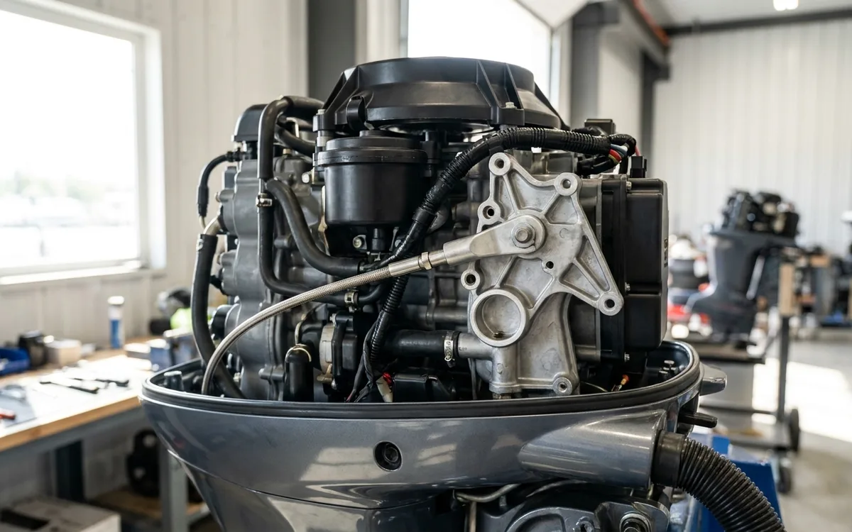 Close-up of an outboard shift cable disconnected from its lever beneath the cowling