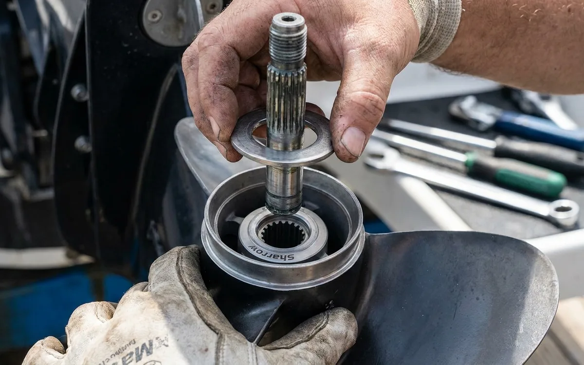 Hands seat the Sharrow hub squarely on the Suzuki shaft splines against the thrust washer.