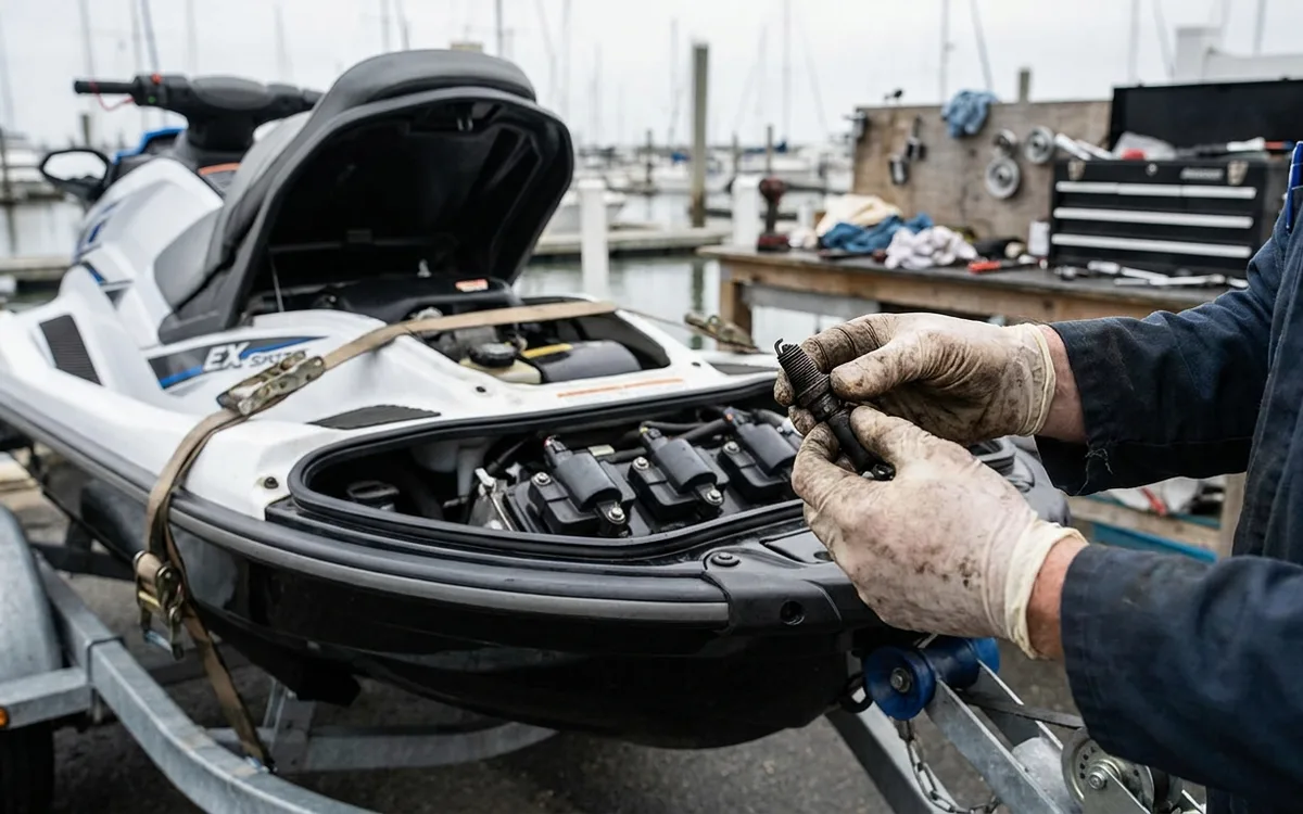 Gloved hands inspect a spark plug beside the open engine compartment of a personal watercraft.