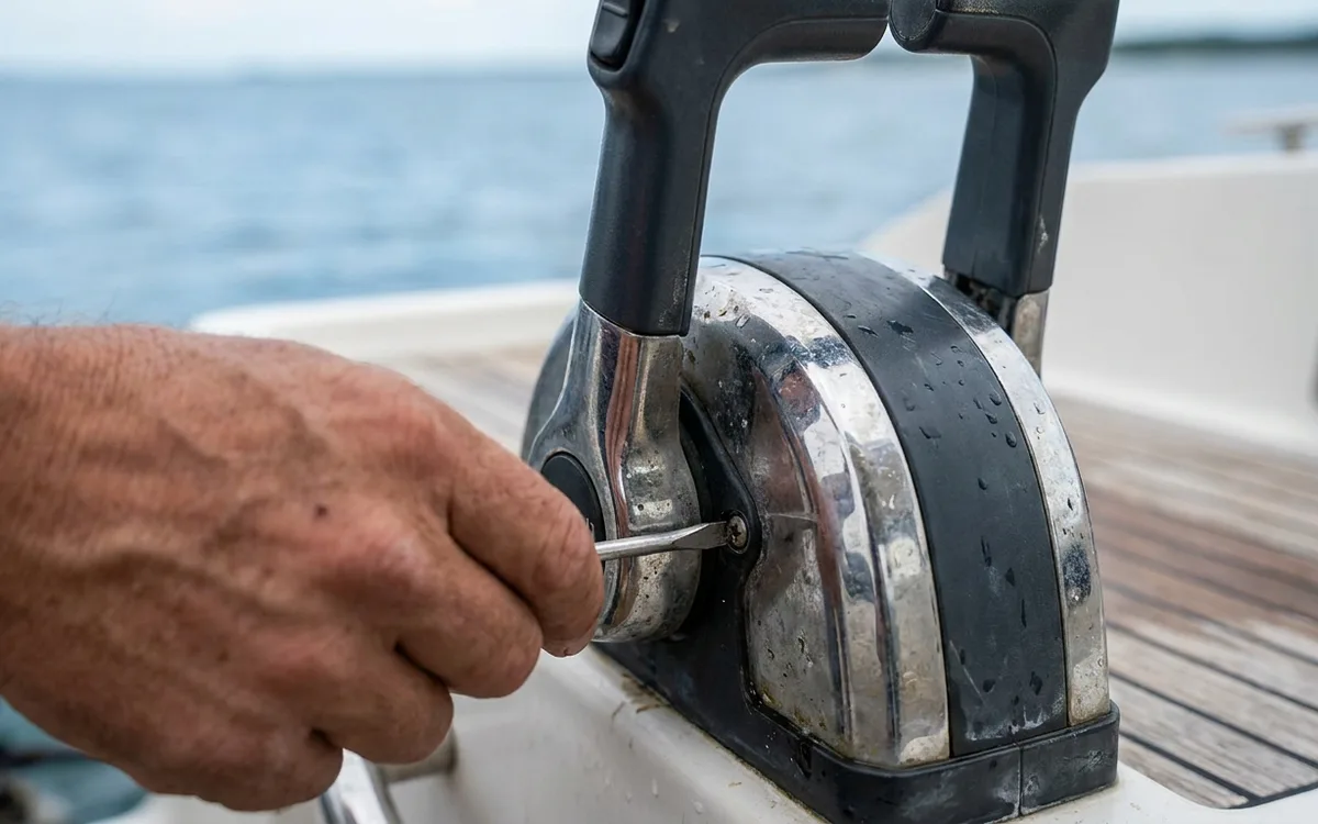 A hand tightens the friction screw at the base of a boat throttle control.