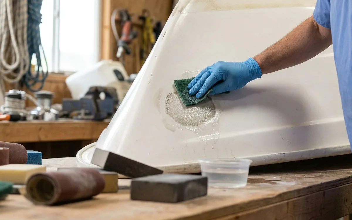 A gloved hand scrubs and prepares a sanded epoxy repair on a fiberglass boat hull.