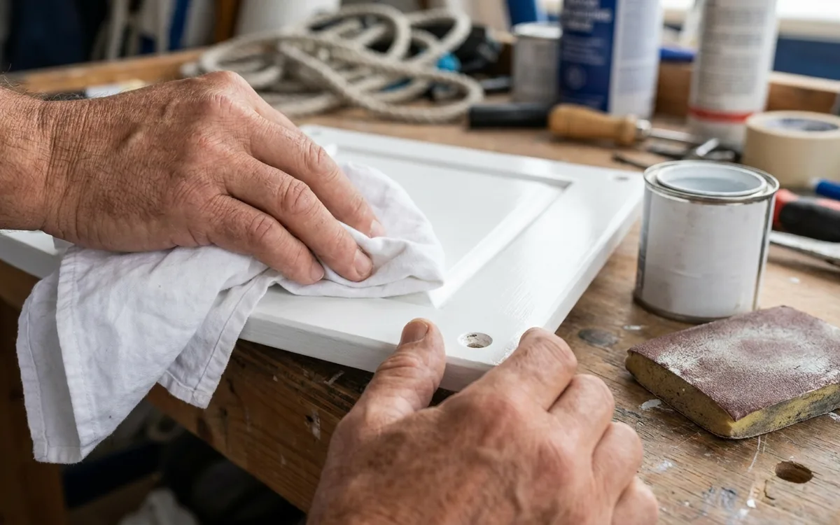 Hands wipe sound painted boat trim and inspect the edge near a screw hole for lifting.