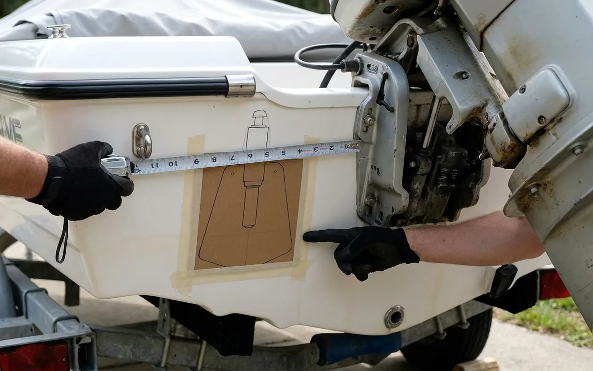 Hands measure clear transom space for a trim tab beside a turned outboard engine.
