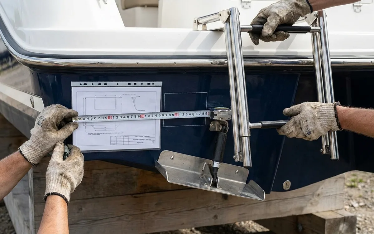 Hands check trim-tab position and ladder clearance against a motorboat transom.