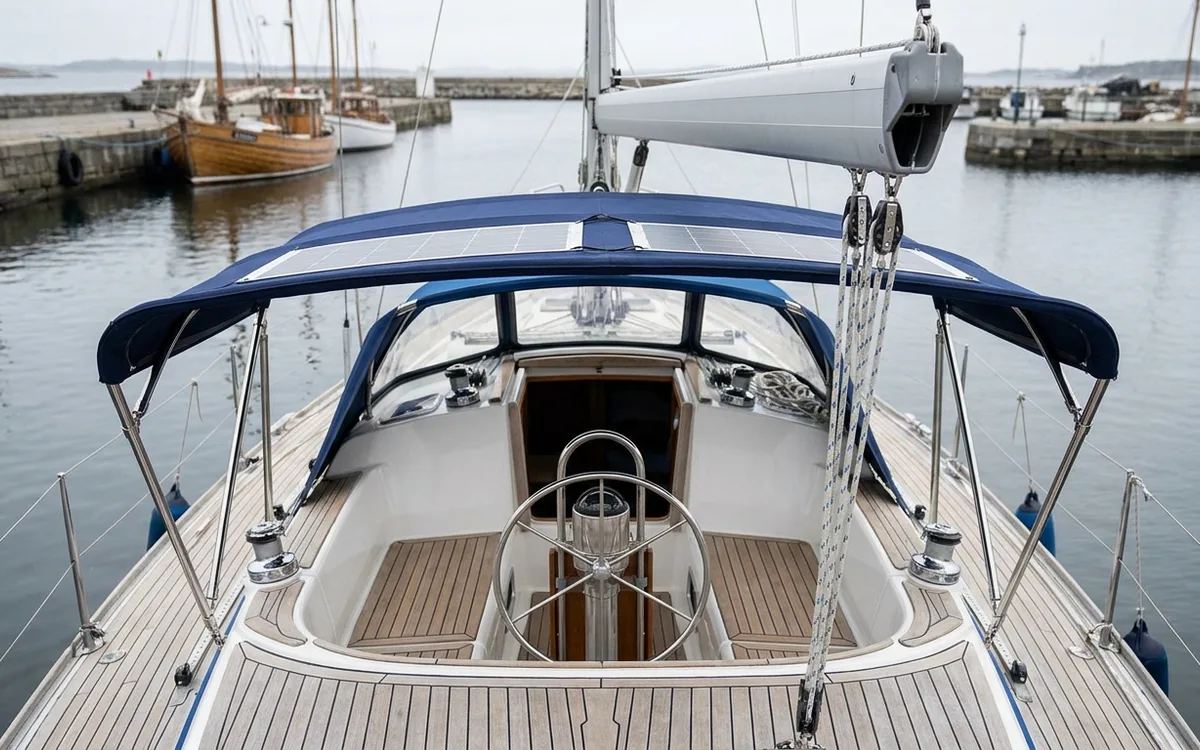 Custom solar-panel bimini clears the Hallberg-Rassy 34’s low boom and central mainsheet track.
