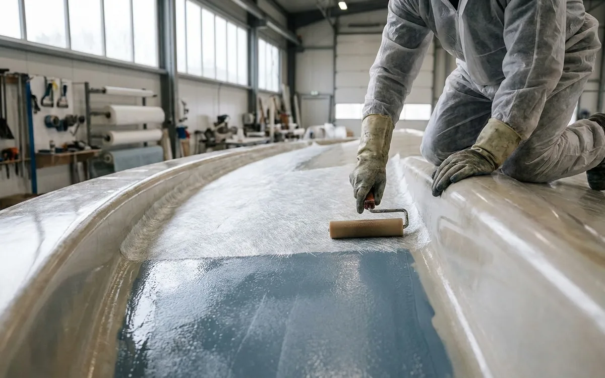 A gloved worker wets fibreglass matting with resin inside a polished boat hull mould.
