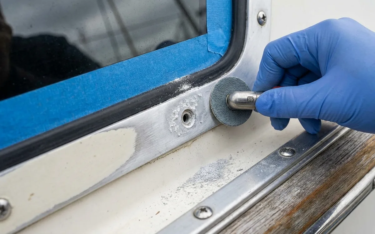 A gloved hand abrades corrosion around an aluminium window screw hole to prepare sound metal for epoxy.