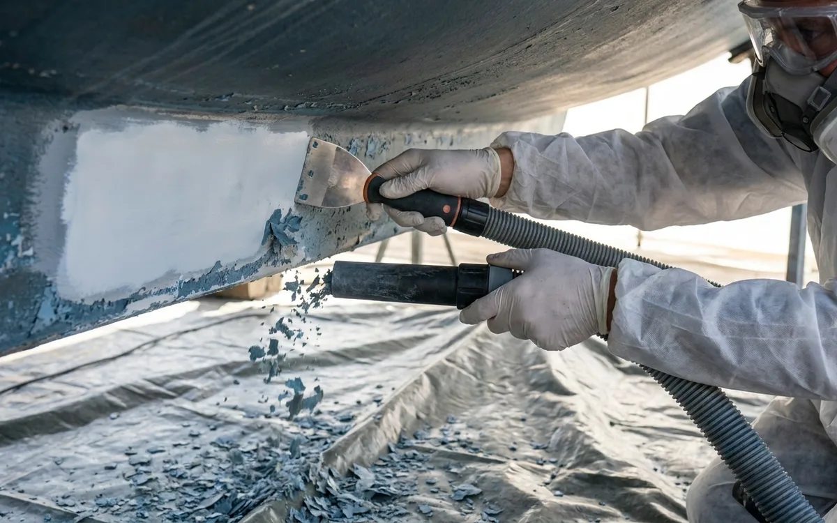 Gloved hands use a vacuum-connected scraper to lift loose antifouling while leaving sound primer intact.